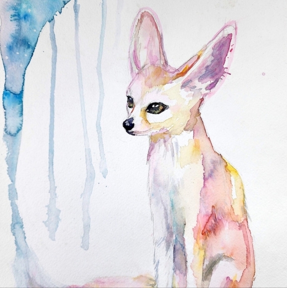 Original Hand-Painted Rainbow Fennec Fox Watercolor Artwork - 15" x 11" - Picture 2 of 5